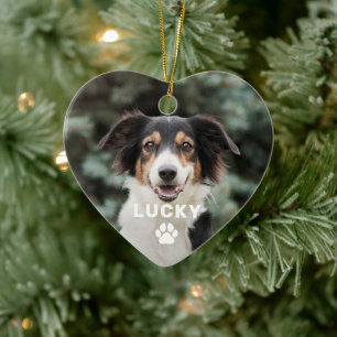 Pet Dog Simple Paw Print Holiday Photo Monogram Keramisch Ornament