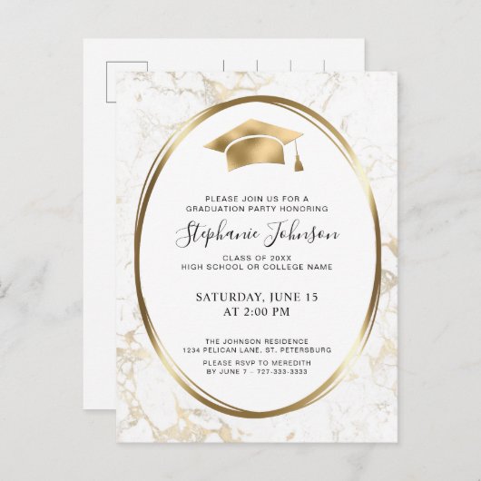 Pet en Tassel Gold Marble Graduation Party Uitnodiging Briefkaart (Voorkant / Achterkant)