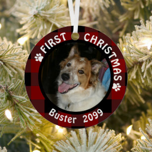 Pet FIRST CHRISTMAS 2-Sided 2-Photo Buffalo Check Metalen Ornament