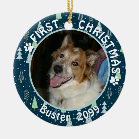 Pet FIRST CHRISTMAS Blue Green Trees Keramisch Ornament (Voorkant)