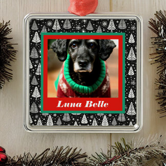 Pet Foto en naam ingelijst met zwart-witte bomen Metalen Ornament