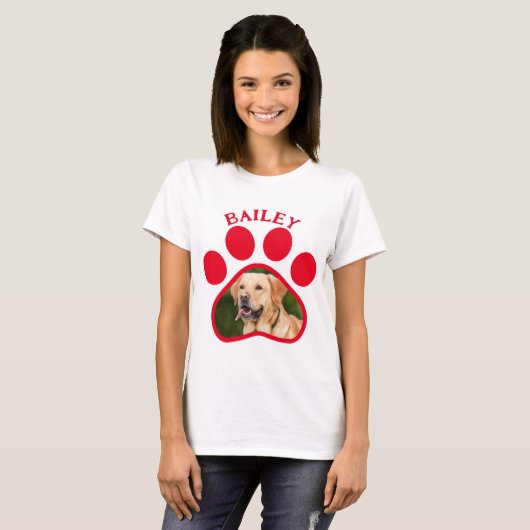 Pet Hond of Kat Foto Rood Pawprint T-shirt (Voorkant volledig)