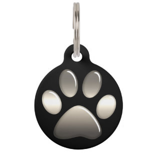 Pet ID Tag - Platinum Paw Print op zwart Huisdierpenning