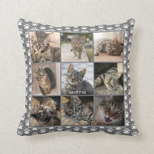 Pet Kat Fotocollage Paw Print Patroon Grijze Naam Kussen