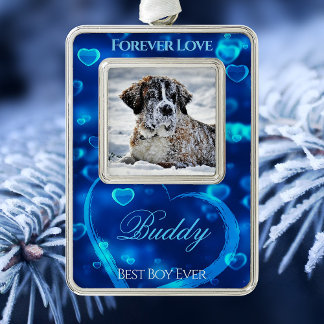 Pet Love Foto Keepsake, Blauwe gloeiende harten - Verzilverd Kader Ornament