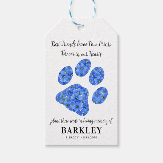 Pet Memorial Seed Packet Paw Print Vergeet me niet Cadeaulabel (Voorkant)