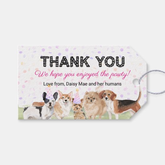 Pet Pawty Pink Custom Dog Birthday Party Cadeaulabel (Voorkant (Horizontaal))