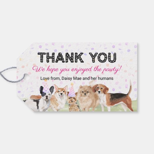 Pet Pawty Pink Custom Dog Birthday Party Cadeaulabel (Achterkant Horizontaal)