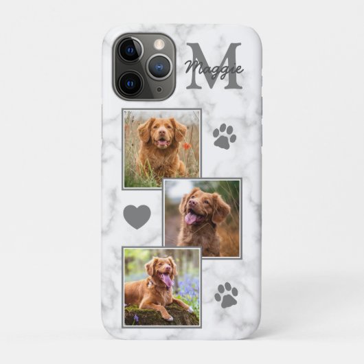 Pet Photo Collage Modern Monogram White Marble Dog Case-Mate iPhone Case (Achterkant)