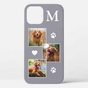 Pet Photo Collage Monogram Initiaal Gray Cat Dog iPhone 12 Hoesje