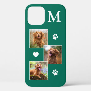 Pet Photo Collage Monogram Initiaal Green Cat Dog iPhone 12 Hoesje