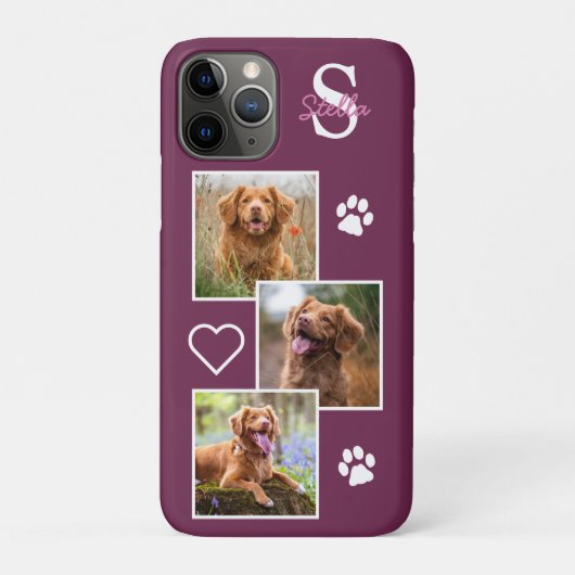 Pet Photo Collage Monogram Naam Magenta Cat Dog Case-Mate iPhone Case (Achterkant)