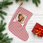 Pet Photo & Dog Bone with Name on Red White Plaid Kleine Kerstsok