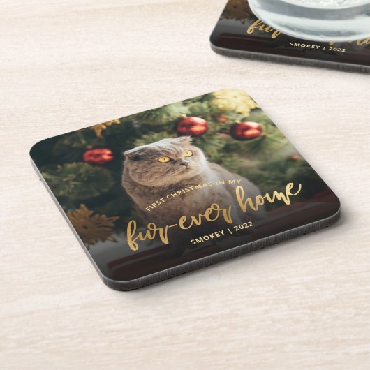 Pet Photo First Kerstforever Home Gold Script Bier Onderzetter (Linkerzijde)