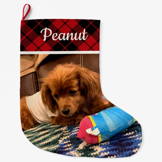Pet Photo Red Plaid Reversible Personalized Grote Kerstsok (Voorkant)