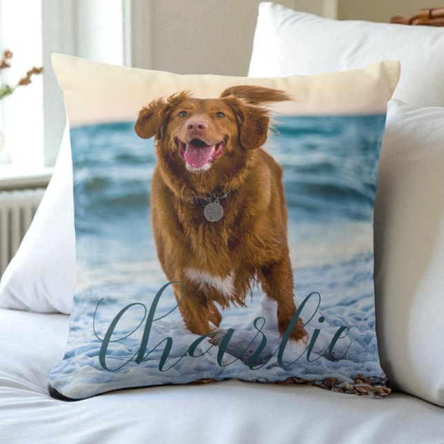 Pet Photo Script Name Modern Personalized Dog Kussen (Pet Photo Script Name Modern Personalized Dog Throw Pillow)