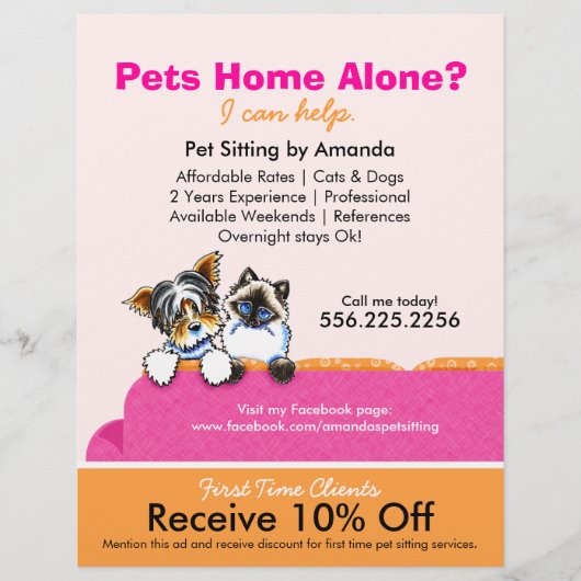 Pet Sitter Coupon AD Yorkie Cat Couch Pink Flyer (Voorkant)