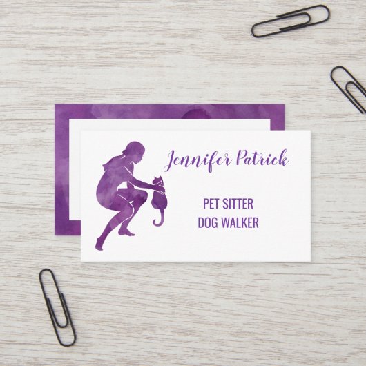 Pet Sitter Dog Walker Waterverf Cat Silhouette Visitekaartje (Voorkant / Achterkant in situ)