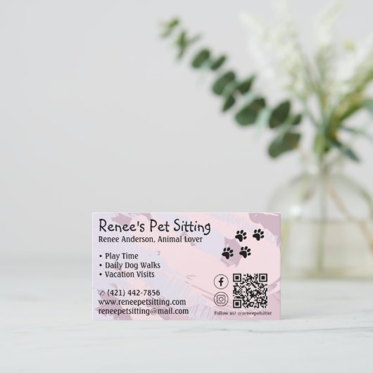 Pet Sitter Roze Paint QR Code Visitekaartje (Staand voorkant)