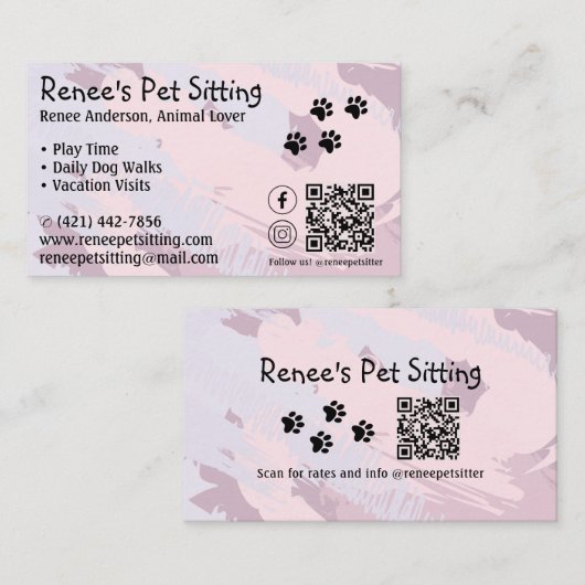 Pet Sitter Roze Paint QR Code Visitekaartje (Voorkant / Achterkant)