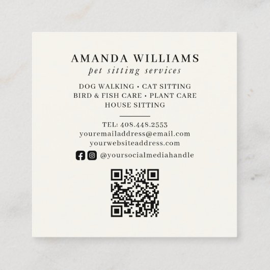 Pet Sitting Services Waterverf QR-code Vierkante Visitekaartje (Achterkant)