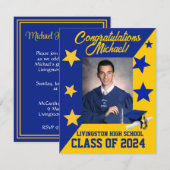 Pet & sterren Royal Blue & Gold Afstuderen Kaart (Voorkant / Achterkant)