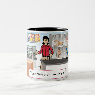 Pet Store - Vrouw Cartoon door PrintedPerfection Tweekleurige Koffiemok