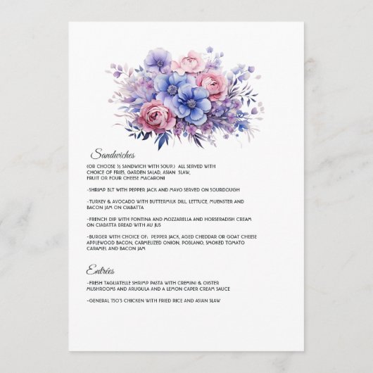 Petaal Roze, Korenbloem Blauw & Mauve Paarse Bruil Menu (Achterkant)