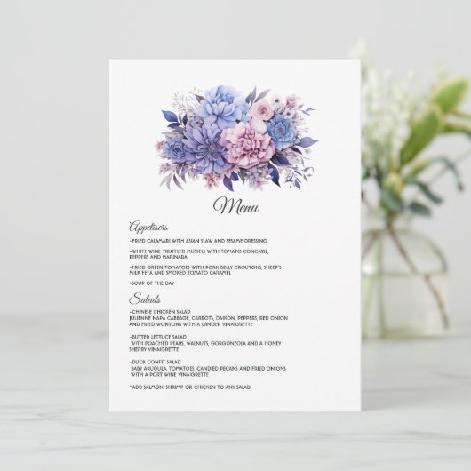 Petaal Roze, Korenbloem Blauw & Mauve Paarse Bruil Menu (Staand voorkant)