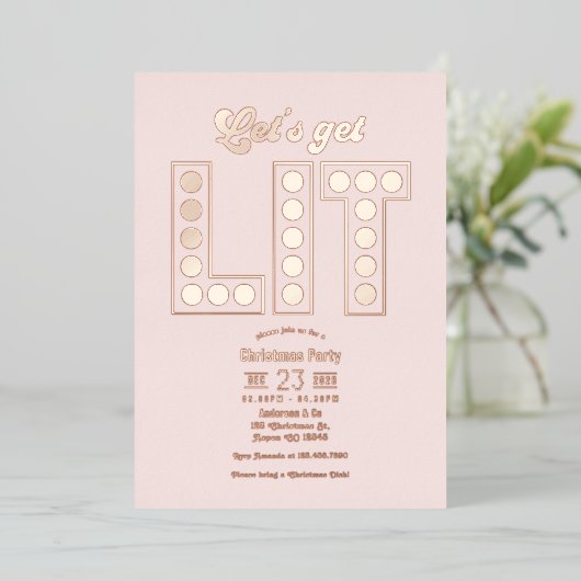 Petal Glow Let's Get Lit Retro Christmas Party Folie Uitnodiging (Staand Voorkant)
