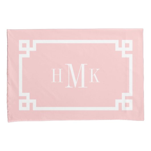 Petal Pink Greek Key Monogram Standaard Kussensloop (Voorkant-Rechts)