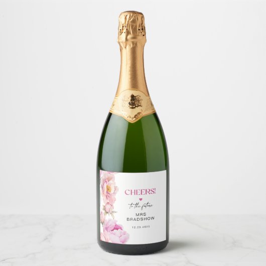 Petalen en prosecco felroze pioen bruids sparkling wijnetiket (Voorkant)