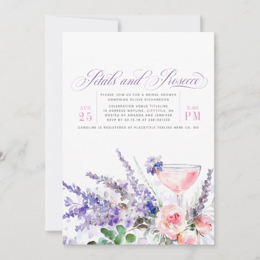 Petalen en Prosecco Paarse Bloemen Vrijgezellenfee Kaart (Voorkant)