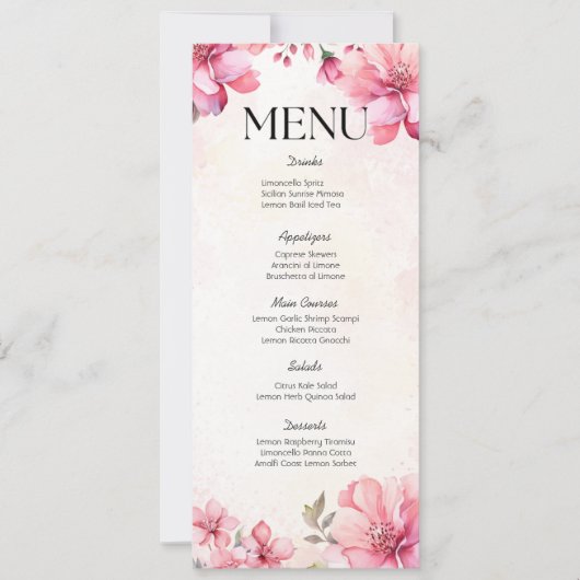 Petals en Prosecco Bloemen Bruiloft Douche Menu Kaart (Voorkant)
