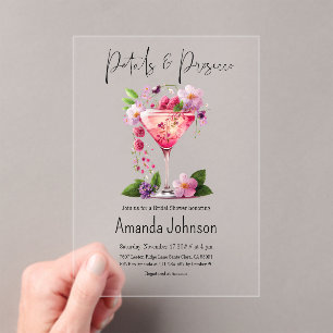 Petals en Prosecco Blush Pink Floral Vrijgezellenf Acryl Uitnodigingen