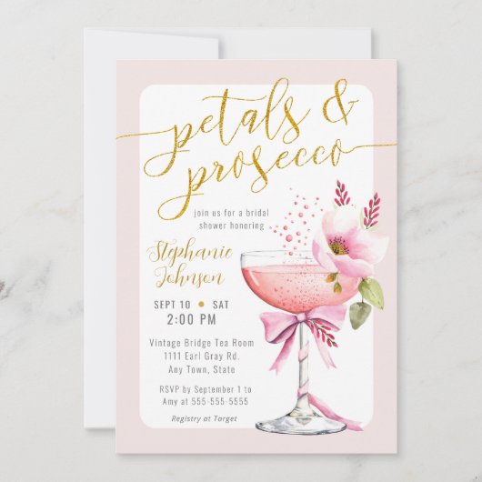 Petals en Prosecco Blush Roze Bloem Douche Kaart (Voorkant)