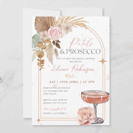 Petals en Prosecco Boho Bridal Shower Uitnodiging (Voorkant)