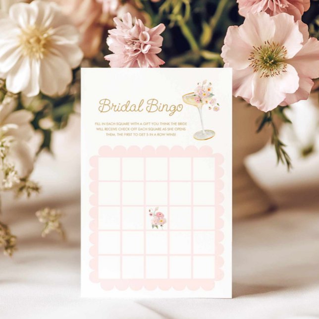Petals en Prosecco Bridal Bingo Game Kaart (Pink Petal and Prosecco Bridal Bingo Game Card
)