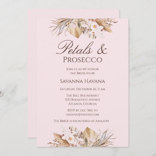 Petals en Prosecco Bridal Shower Uitnodiging (Voorkant / Achterkant)