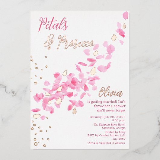 Petals en Prosecco Roze Bruidsdouche Uitnodiging (Voorkant)