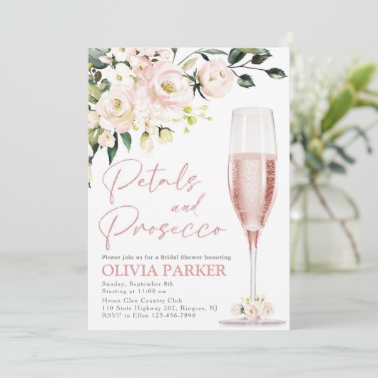Petals en Prosecco Shower Invitation Roos Gold Kaart (Staand voorkant)