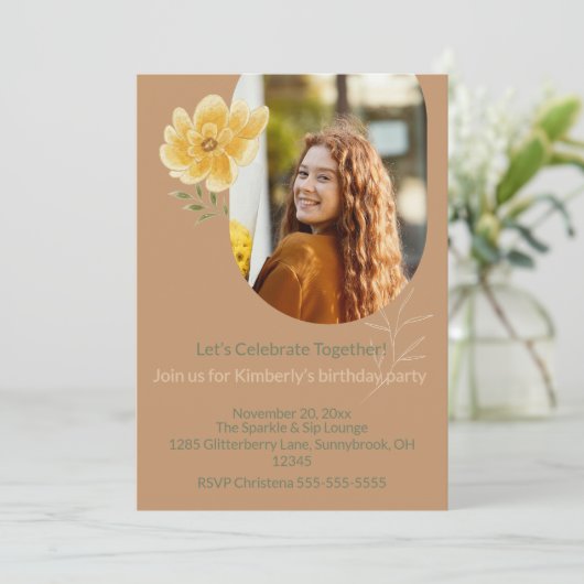 Petals & Joy Photo Birthday Party Invitation (Debout devant)