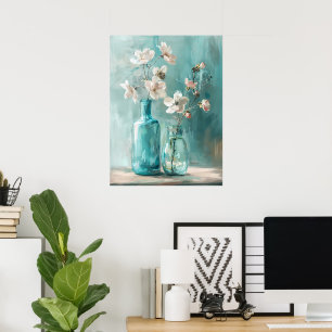 Petals & Porselein: Boerderij Roos Vaas Waterverf Poster