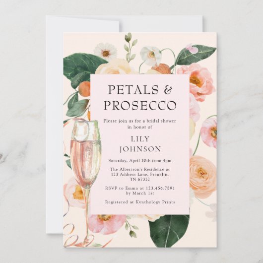 Petals & Prosecco Bloemen Bruidsdouche Uitnodiging (Voorkant)