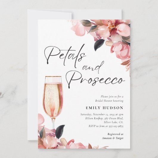 Petals & Prosecco Bloemen Bruidsdouche Uitnodiging (Voorkant)