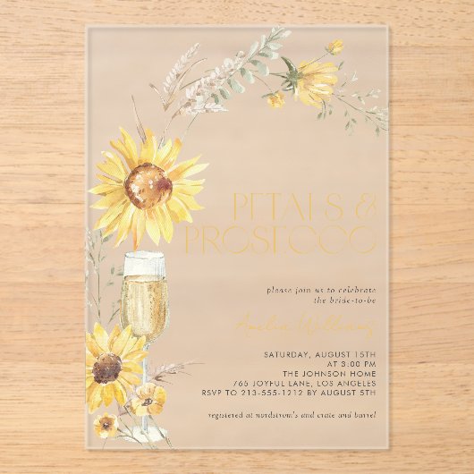 Petals & Prosecco Boho Zonnebloem Vrijgezellenfees Acryl Uitnodigingen (Voorkant)