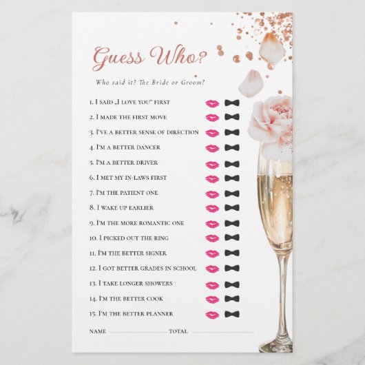 Petals & Prosecco Raad Wie Vrijgezellenfeest Spel Briefpapier (Voorkant)