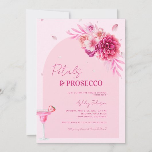 Petals & Prosecco Roze Script Bloemen Vrijgezellen Kaart (Voorkant)