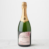 Petals & Prosecco Zwart & Roos Goud Vrijgezellenfe Sparkling Wijnetiket (Voorkant)