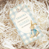 Peter de Konijn Blauw Gingham Verjaardag Dank u Cadeaulabel